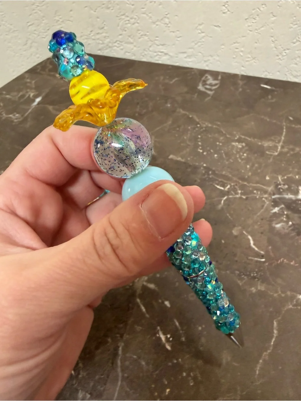 Flower Front Desk Staff Blue Rhinestone Beaded Pen Matching Badge Reel Handmade